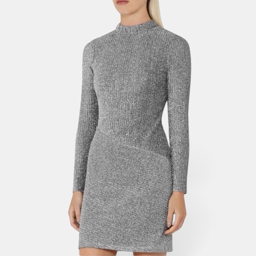 New Reiss Metallic Silver Long Sleeve Mini Dress